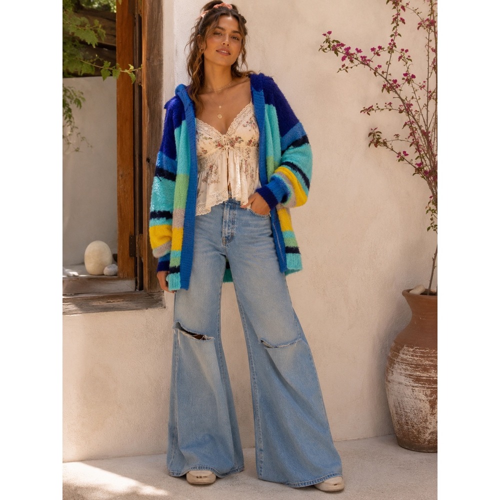 Free People Dream‎ Team Cardi Striped Hooded Boucle Cardigan Blue Green XS